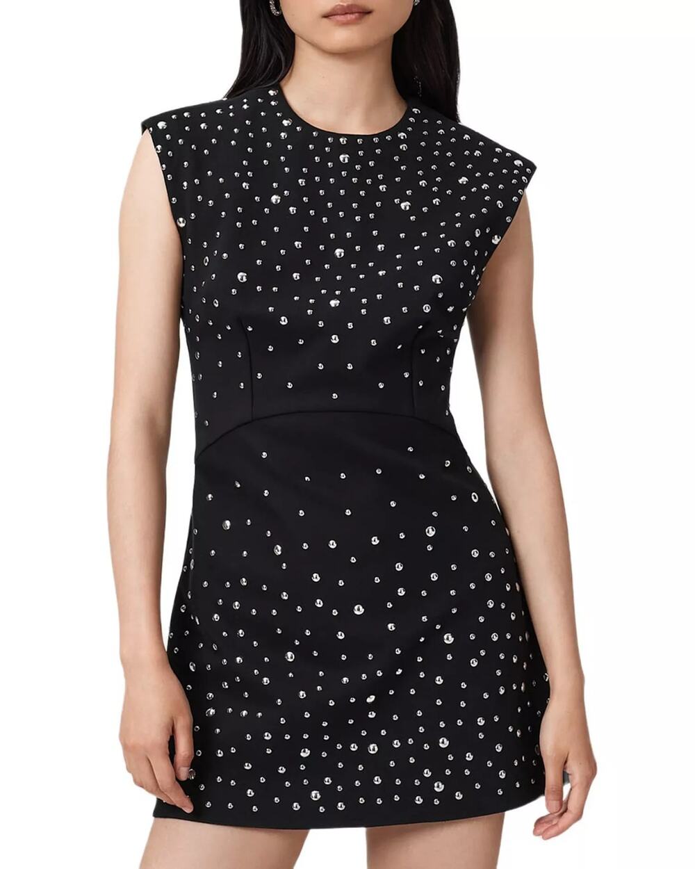 NWT AllSaints Tamara Embellished Studded Cap Sleeve Minidress Black Women's US 6